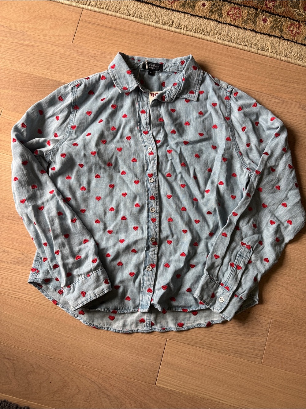 Velvet Heart Light Blue Button-Down Shirt with Red Heart Motif